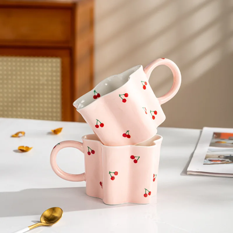 Ceramic Mugs Cartoon Cherry Print Irregular Flower Shapes Coffee Mug Children's Milk Cups Birthday Present for Girls