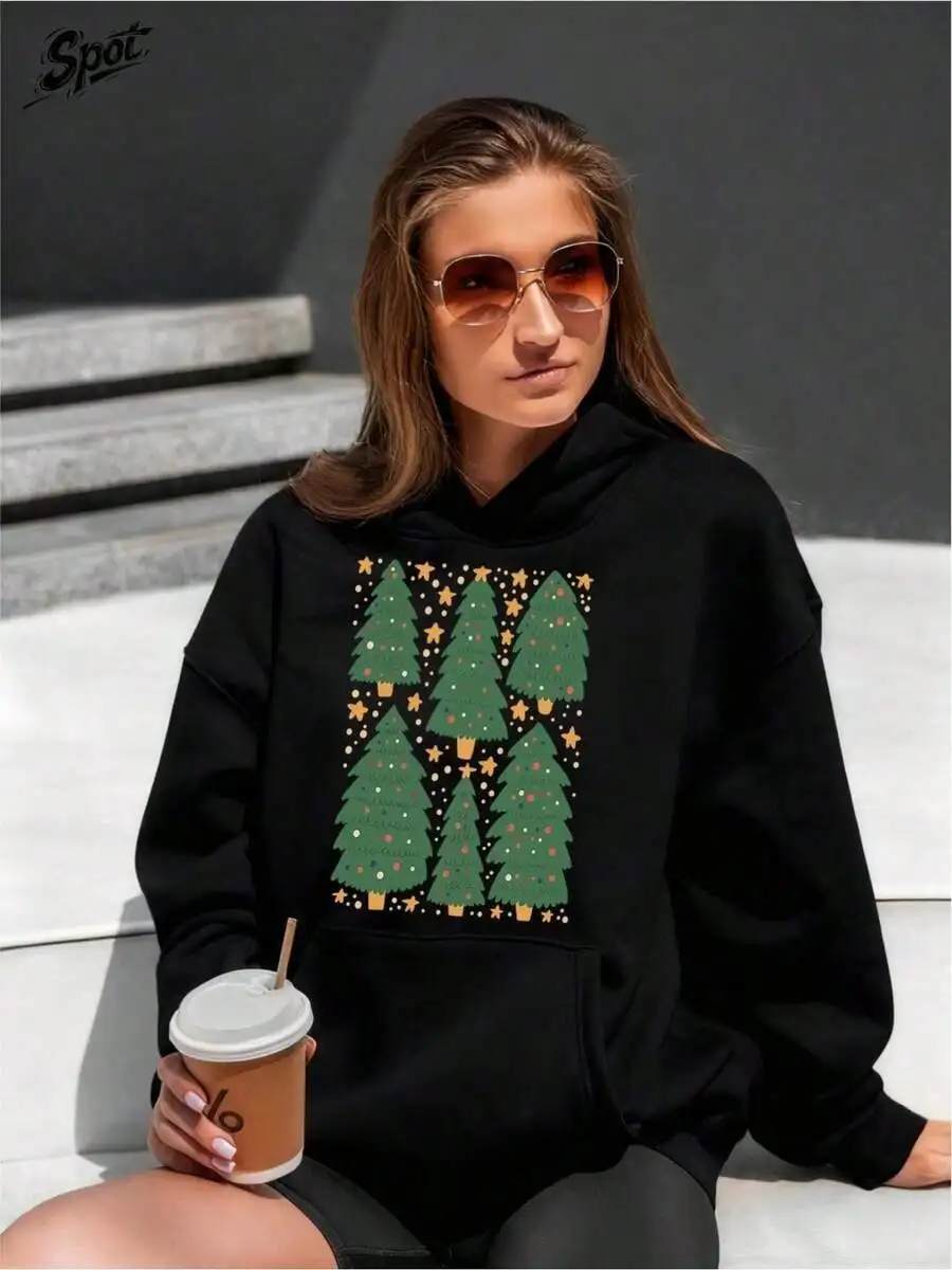 

Shiny Christmas Tree Hoodie for Women - Green & Gold Glitter Print, Loose Fit Winter Pullover for Casual & Holiday Wear