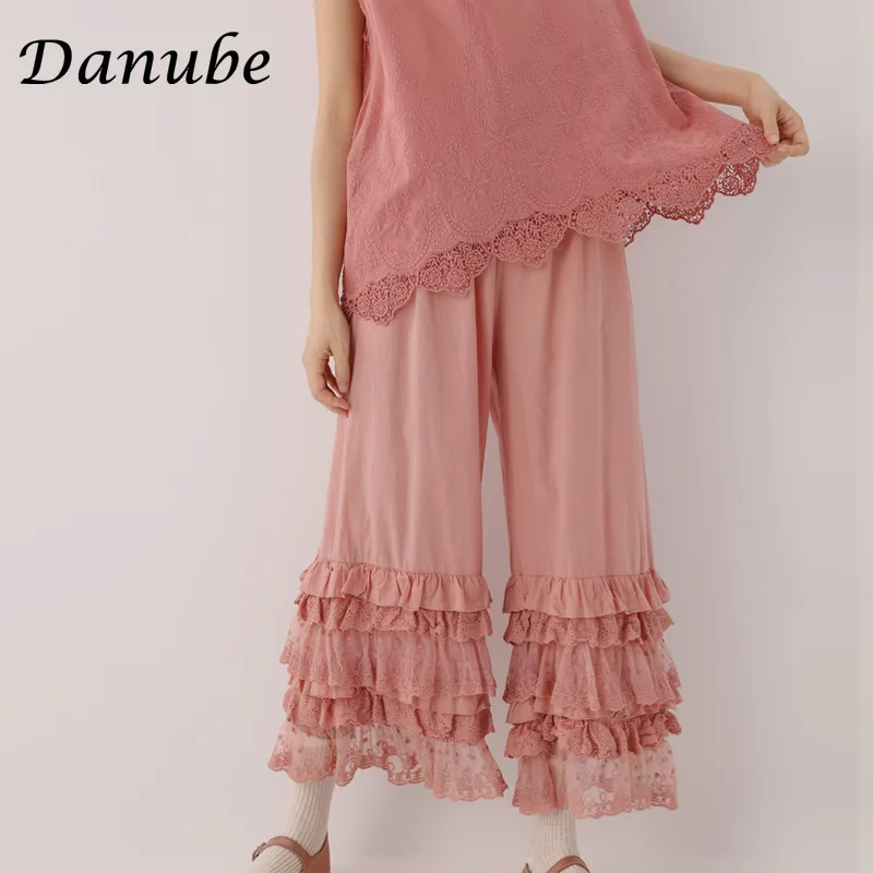 Japan Style Mori Girl Multi-Layer Lace Cotton Wide Leg Pants Women 2024 New Summer Elastic High Wasist Cropped Trousers Female