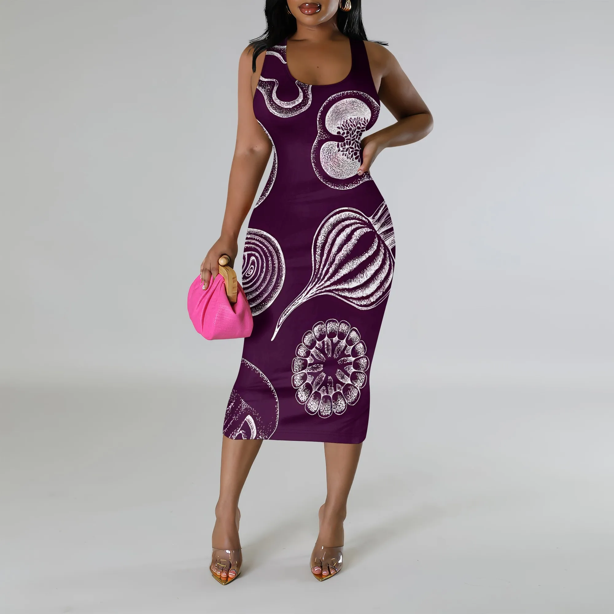 빈티지 스타일 쉘 패턴 Bodycon 탱크 드레스 여성 나이트 아웃을위한 민소매 미디 드레스