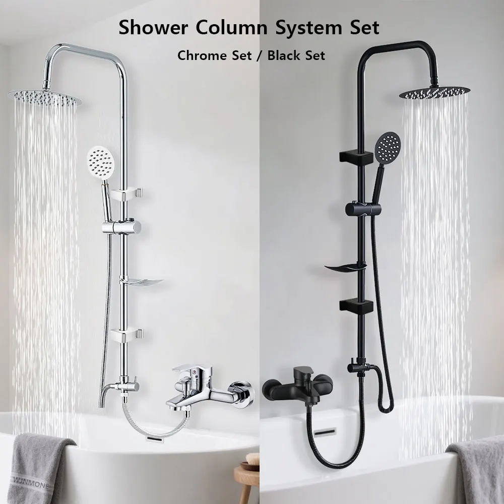 Chrome Black Round Bathroom Split Shower Column Premium Stainless Steel Shower System Set Bathtub Rain Shower Faucet Accessories