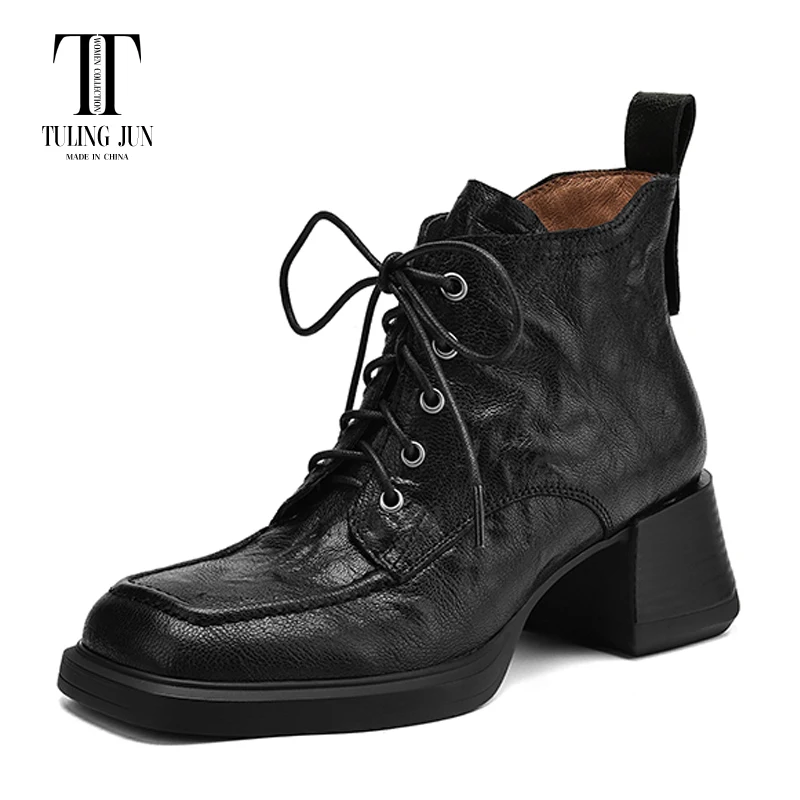 Tuling junho 2024 outono inverno botas femininas dedo do pé quadrado grosso salto alto elegância temperamento diário sapatos de renda para mulher l