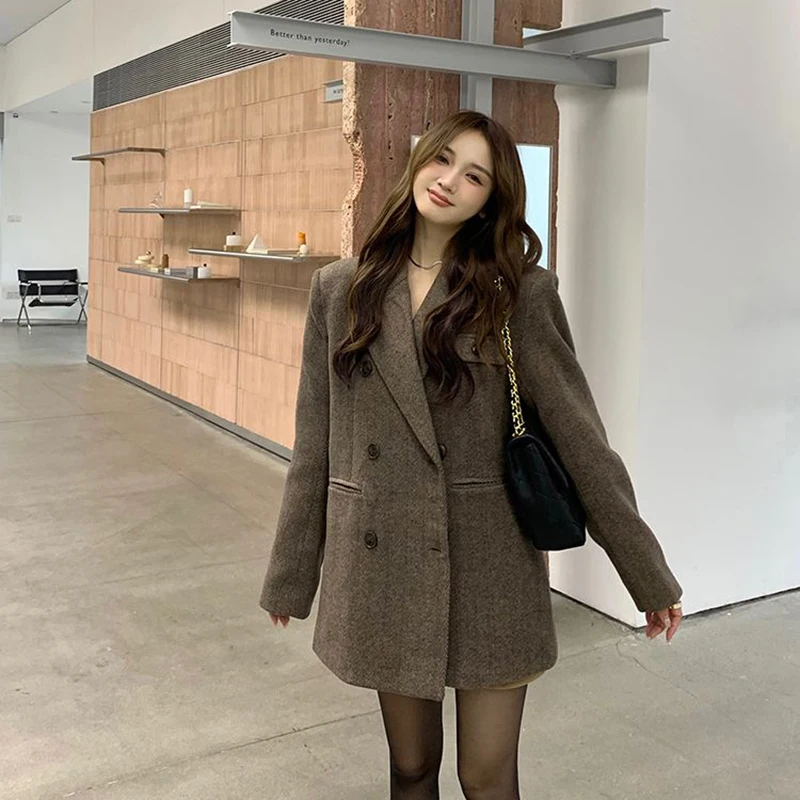 Vintage Brown Faux Fur Blazers Women Autumn Winter Thick Warm Loose Streetwear Coats Y2K Korean Chic Double Breasted Outerwear