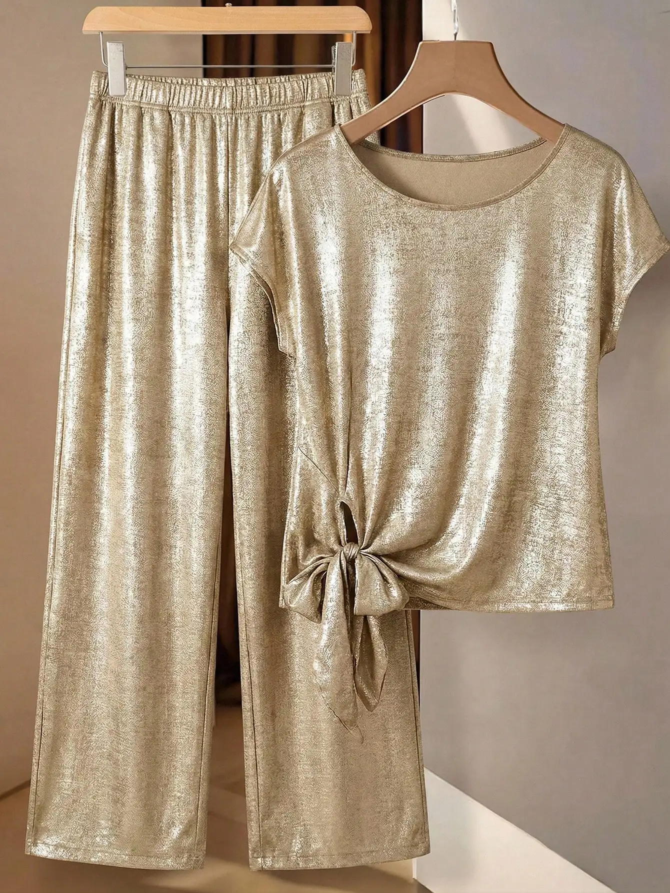 

Золотистый комплект из топа с круглым вырезом и короткими рукавами и широких брюк, повседневный комплект из 2 предметов