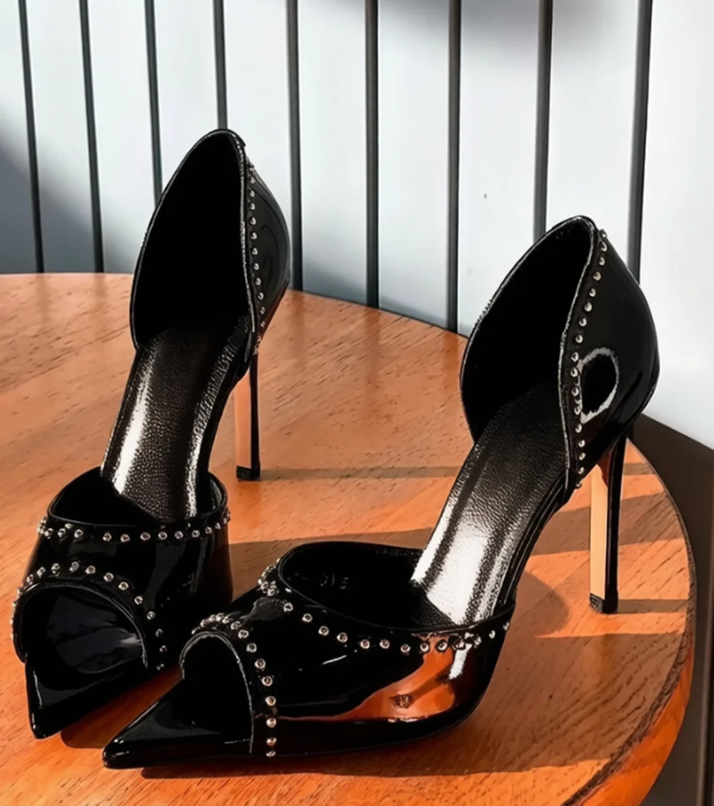 Glossy Black Patent Stiletto Heels Peep Pointed Toe Silver Stud Trim Decorate Cutout Side Design Elegant Shoes for Evening Party