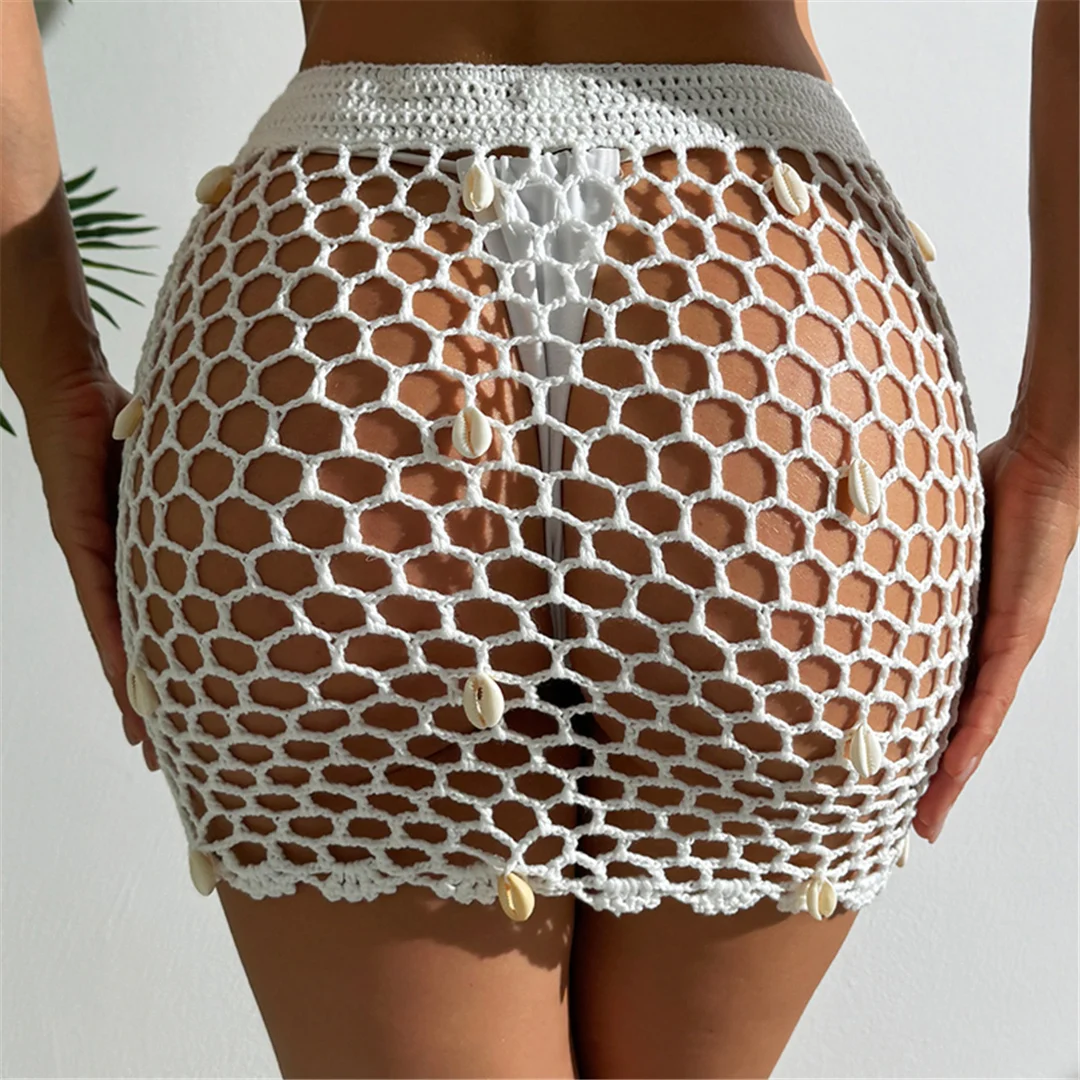 Ausgehöhlter, durchsichtiger, gehäkelter, gestrickter Strandrock, Strandkleid, Strandmode, Damen V6479 – Detail 12