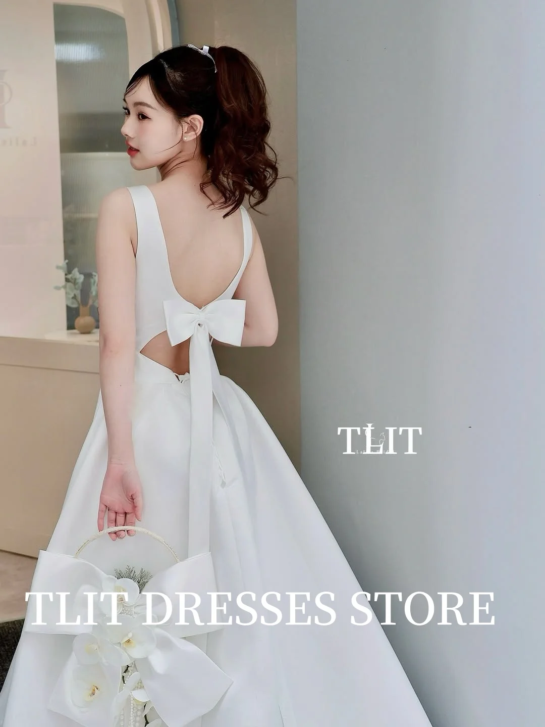 TLIT Elegante weiße Brautkleider aus Seidensatin mit Spaghettiträger und Schleife, Brautkleider, Korea-Hochzeitskleider, Fotoshooting, individuell gestaltet