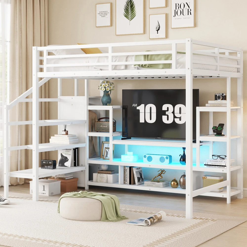 

Full Size Metal Loft Bed with TV Cabinet, Staircase & Wardrobe, White (Arrival:2025/3/22)