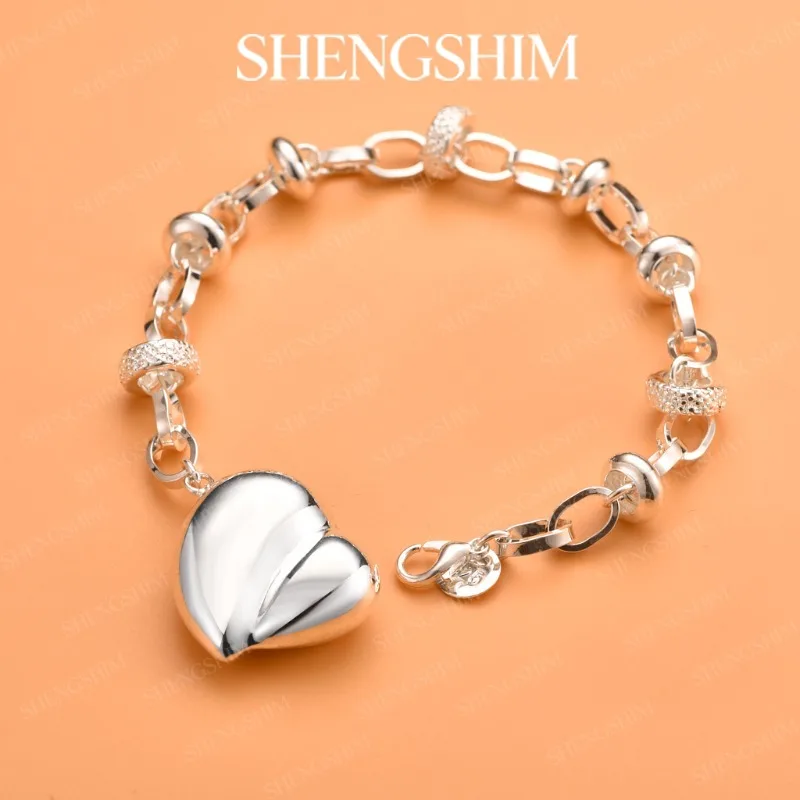 SHENGSHIM 925 Sterling Silver Large Heart Gear Patterned Detail Bracelet For Women Fashion Jewelry Party Birthdays Gift
