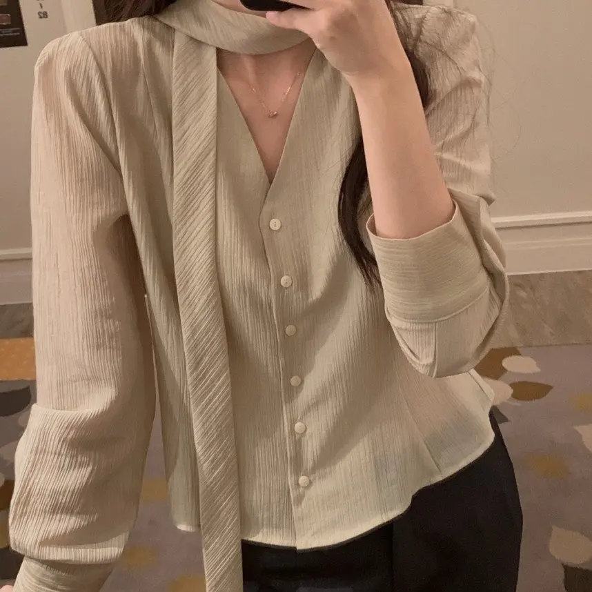 

Chic Vintage V-neck Sash Shirt Women's Base Layer Pure Color Top Korean Style Loose Fit Long Sleeve Thin Polyester Fiber