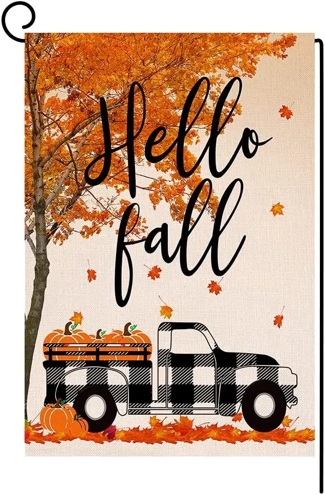 Fall Pumpkin Garden Flag 12x18 Inch Buffalo Truck Vertical Double Sided Thanksgiving Maple Leaves Burlap Yard Outdoor Decor