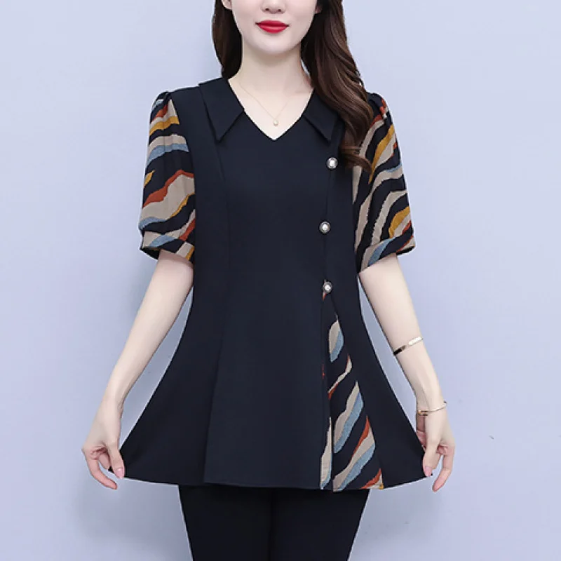 Women Summer Simplicity Loose Large Size Patchwork Chiffon V-neck Short Sleeve Shirts Women Clothes All-match Appear Thin Tops