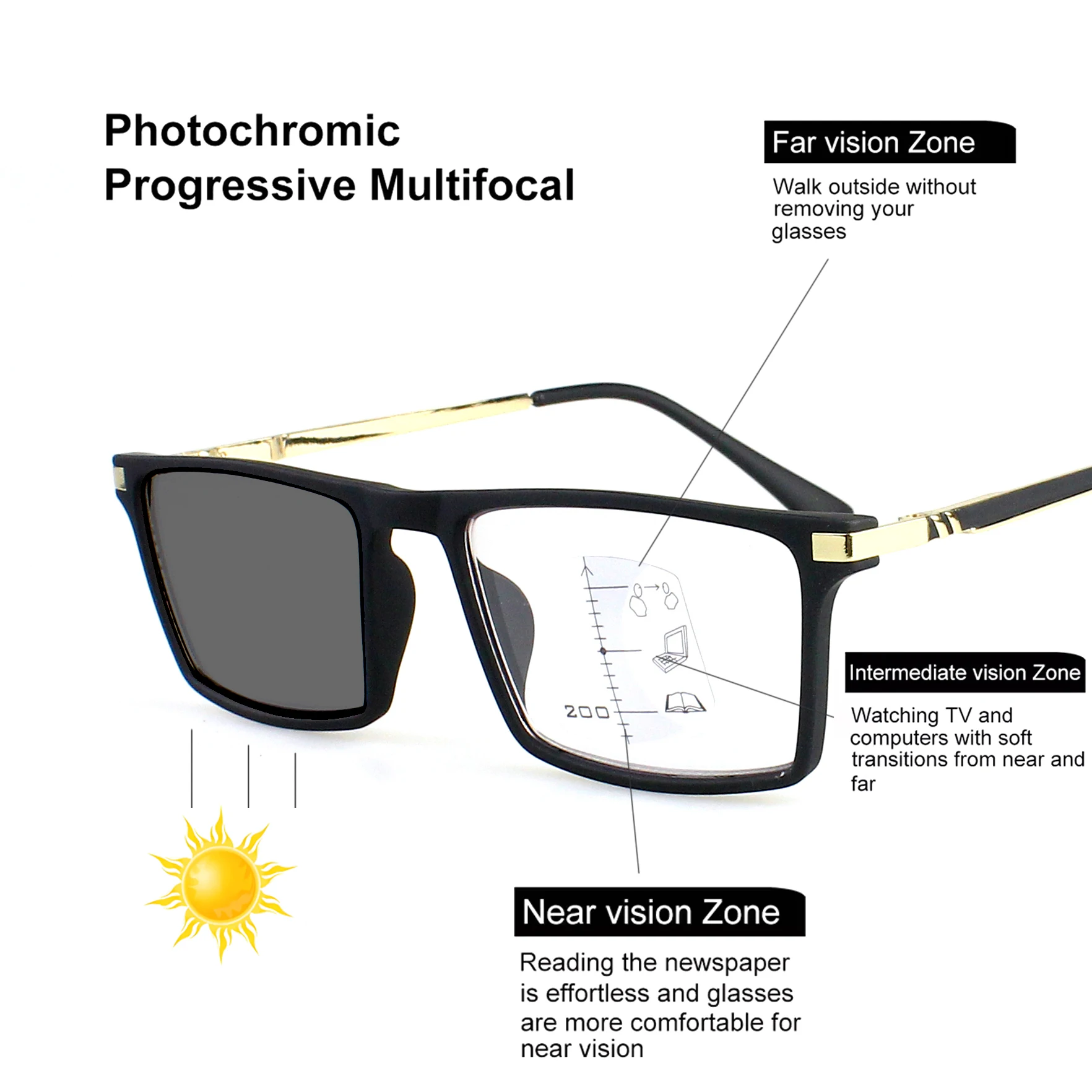 

Progressive Multifocal Presbyopic Glasses Black Gold Frame Anti Fatigue Reading Glasses for Computer Reading Driving