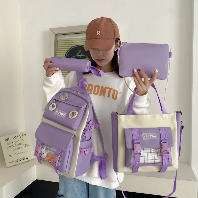 4-piece Set Fashion Children Canvas Shoulder Bags Junior Senior High School Students Backpacks New Simple Girls Boys Pen Bag Hot