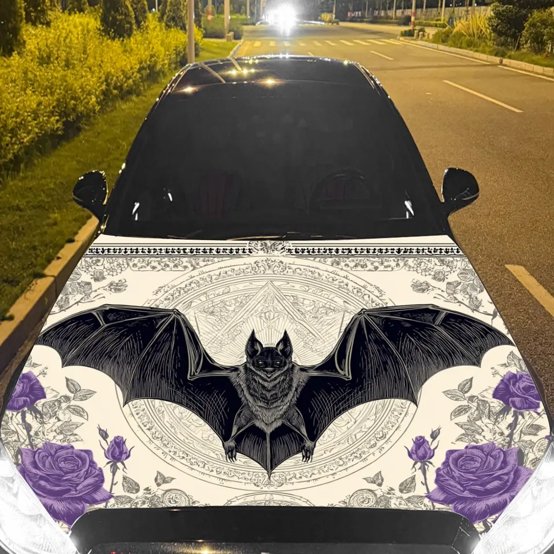 Intricate Bat Mandala Graphic Car Hood Sticker,Waterproof Self-Adhesive Vinyl Graphics Decals,Decor Auto Accessories Stickers