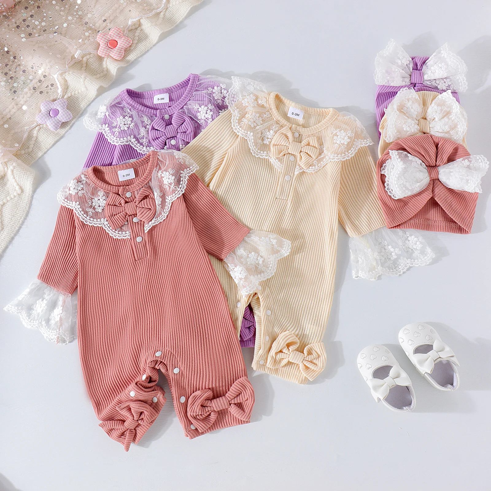 2PCS Autumn New Style 0-1 Year Old Girl Baby Sweet And Cute Multi-Color Lace Collar Long-Sleeved Jumpsuit + Bow Hat