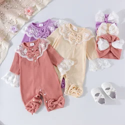 2PCS Autumn New Style 0-1 Year Old Girl Baby Sweet And Cute Multi-Color Lace Collar Long-Sleeved Jumpsuit + Bow Hat