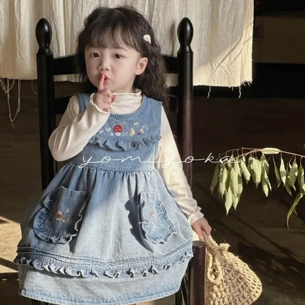 

Girls Dress Set New Baby Girls Embroidery Cartoon Cute Princess Jean Sundress + Base Tshirts 2Pcs for Girls Kids Children Clothe