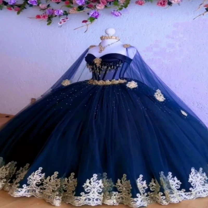

Индивидуальное темно-синее платье Quinceanera 2 в 1, мексиканское платье из бисера, Vestido De 15 Años Quinceañera, платье для дня рождения с аппликацией
