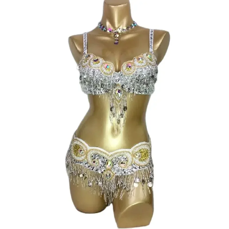 Karneval Bauchtanz Tragen BH und Gürtel Bühne Set Gold Performance Outfit für Frauen Sexy Rave Show Outfit Handgemachte Perlen Kleidung