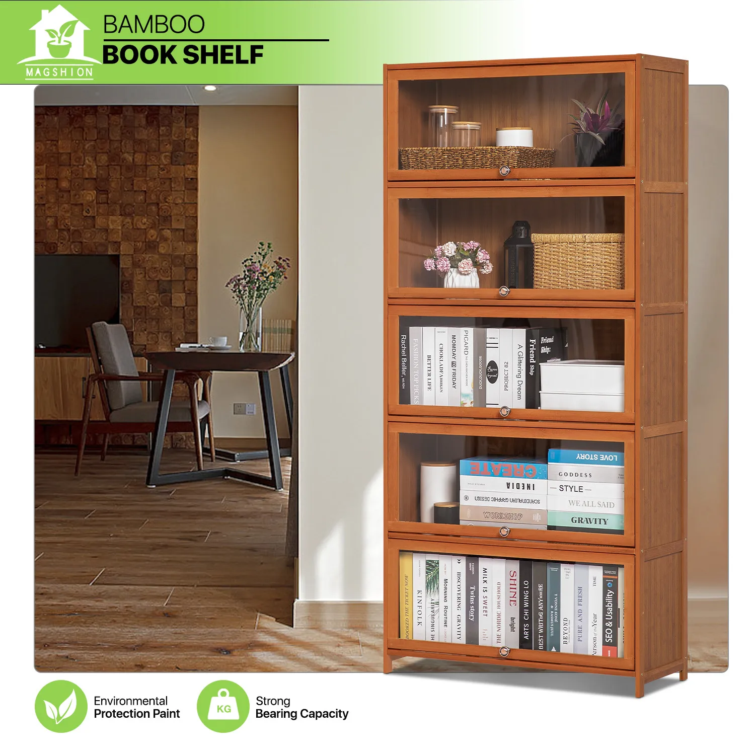 

32" Bamboo Flip-Up [ACRYLIC DOORS] 5-Tier Book Storage Cabinet Home Display Case