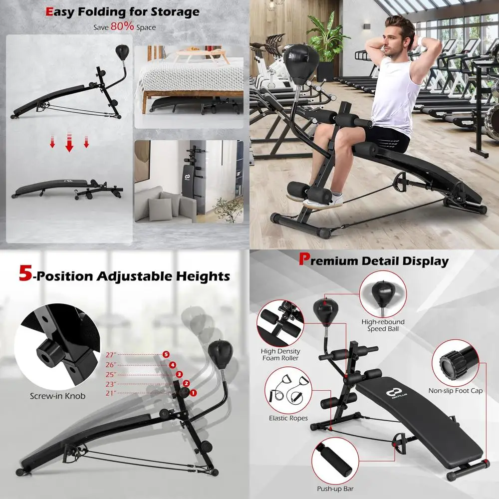 

Adjustable Decline Sit Up Bench for Exercise, Foldable Curved Slant Bench with Speed Ball, Pump & 2 Resistance Bands, Heavy Duty