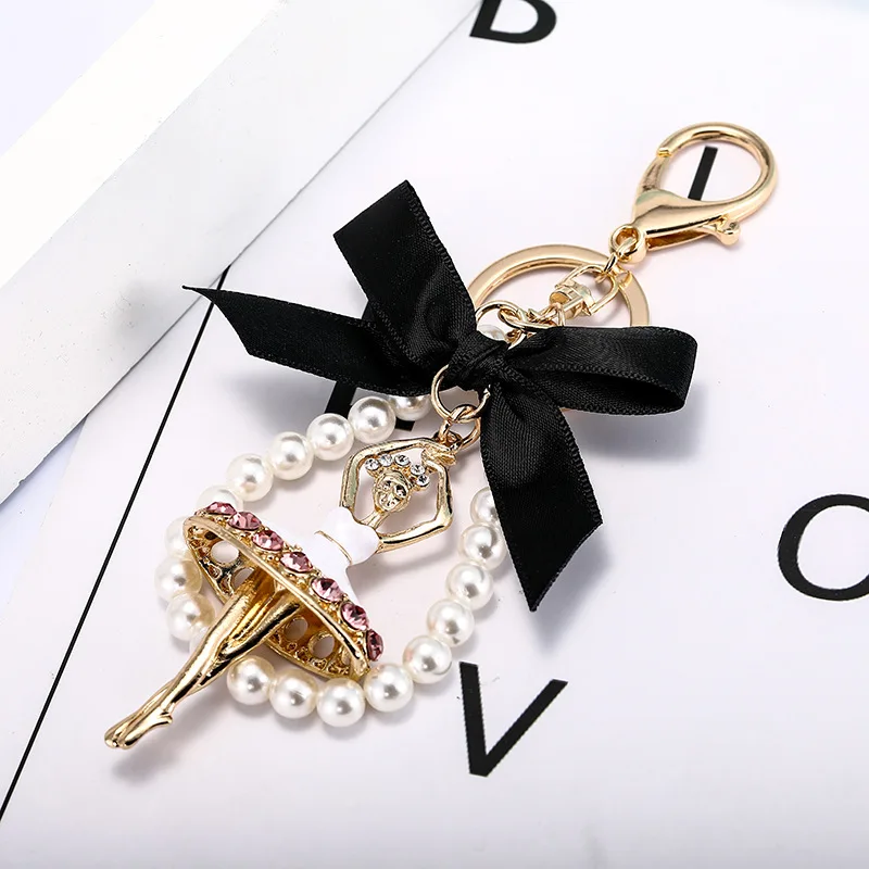 Crystal Delicate Bow Pearl Ballerina Girl Key Chain Pendant Rhinestone Women Handbag Car Key Chains Beautiful Girls Bag Pendant