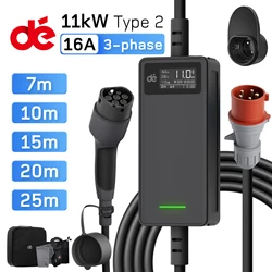 dé tipo 2 CEE Red Plug EV Charger 11kW 16A 3 fasi 7m cavo Extra lungo per veicoli EVSE con adattatore spina Schuko ue