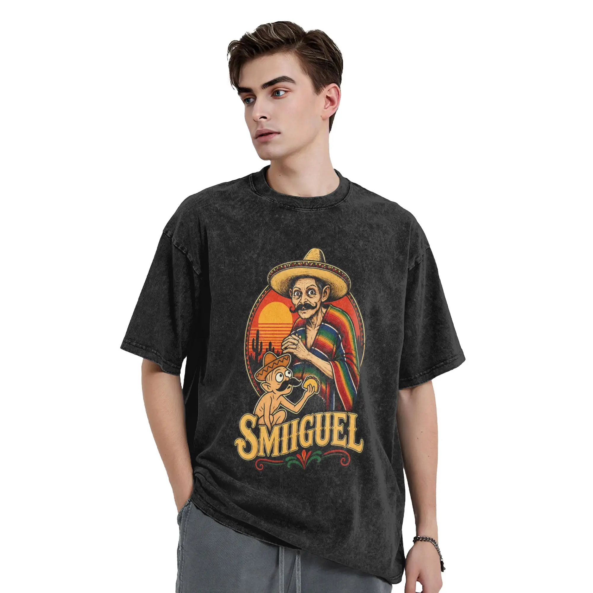 Funny Smiguel Mexican Sombrero Mexican Culture Mashup T-Shirt for Men O Neck Pure Cotton Washed Graphic Printed Clothing