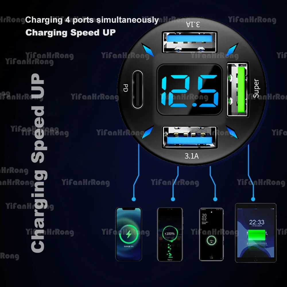 ที่ชาร์จในรถยนต์แบบ USB 4 พอร์ต ชาร์จเร็ว PD Quick Charge 3.0 อะแดปเตอร์ชาร์จโทรศัพท์ในรถยนต์แบบ USB C สำหรับ iPhone 13 12 Xiaomi Samsung