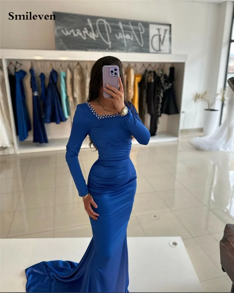 Smileven Royal Blue Mermaid Evening Dress Long Sleeve Square Neck Prom Dresses robe de soirée Off The Shoulder Party Gowns 2024