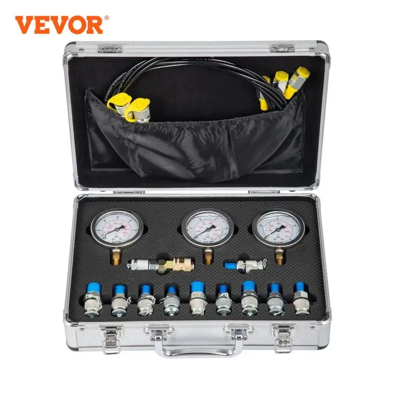 VEVOR Hydraulic Pressure Test Gauge Kit Tester Coupling for Excavator Construction 8600PSI with Portable Case for Industrial Use