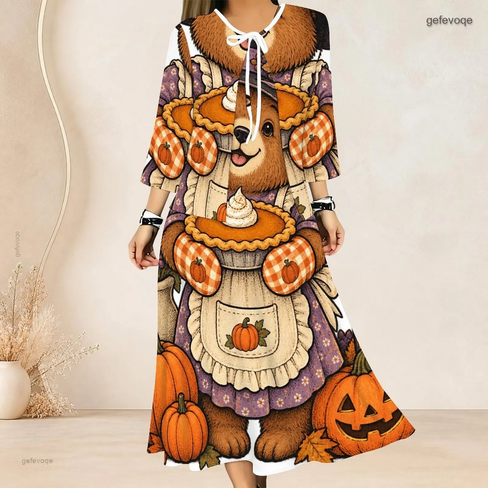 Women 3/4 Sleeve Printed Cartoon Bear Pumpkin Pie Pumpkin Two Piece Midi Dress Set