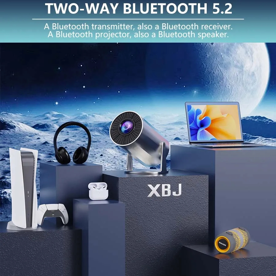 جهاز عرض XBJ محمول 4K لمشاهدة أفلام التخييم، اتصال مباشر WiFi، صب الهاتف، عمر بطارية طويل، تركيز تلقائي