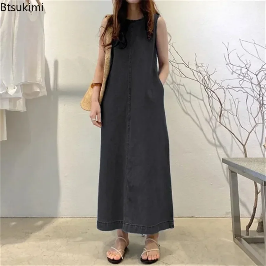 2024 Women's Summer Sleeveless Jeans Dress Simple Style Solid Elegant Dress Robe Female Pocket Design Commuter Gown Dress 5XL