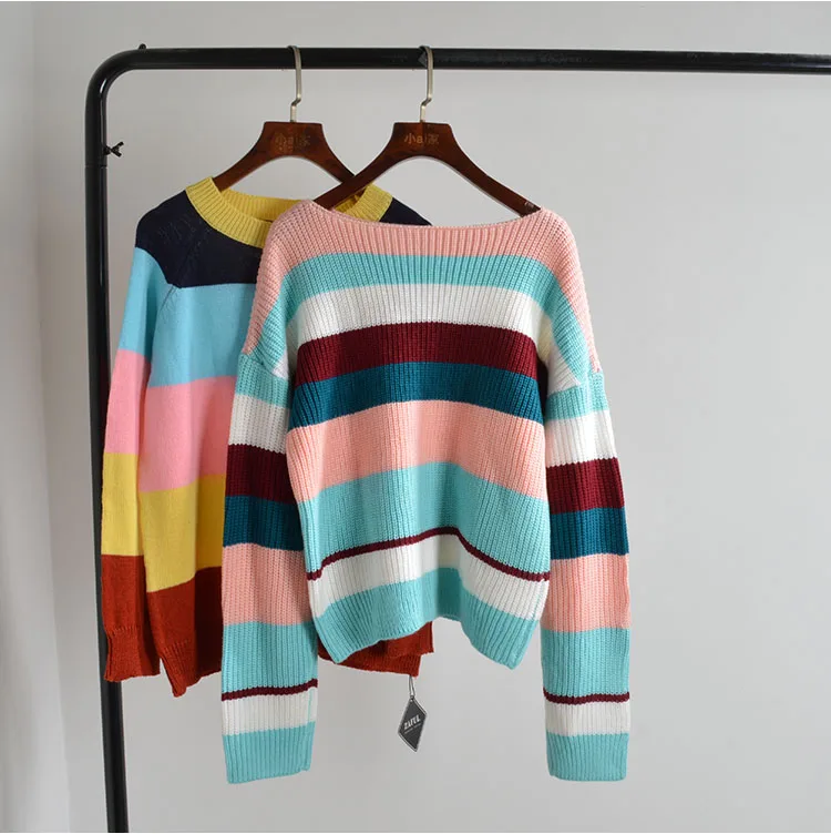 

Color Blo Striped Loose Fit Long Sve Women's Knitwear round Ne Pullover Thi Autumn Winter Slimming Top