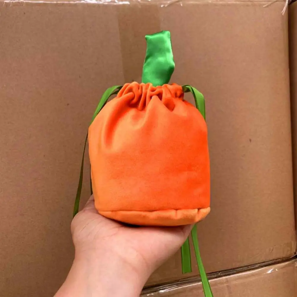 Halloween Pumpkin Velvet Candy Bag Pumpkin Velvet Drawstring Bag Halloween Plush Candy Pouch Reusable Goodie for Kids for Party