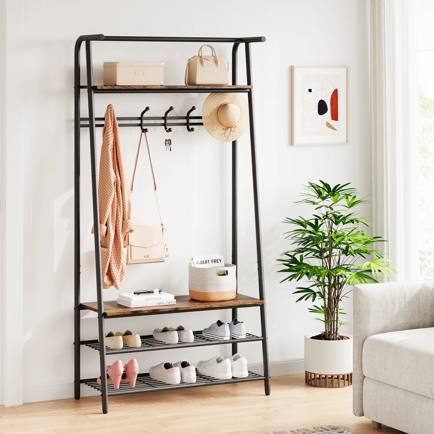 

Coat Rack Hallway Tree Entryway Hallway Tree With Hooks Steel Frame Storage Shelf for Living Room