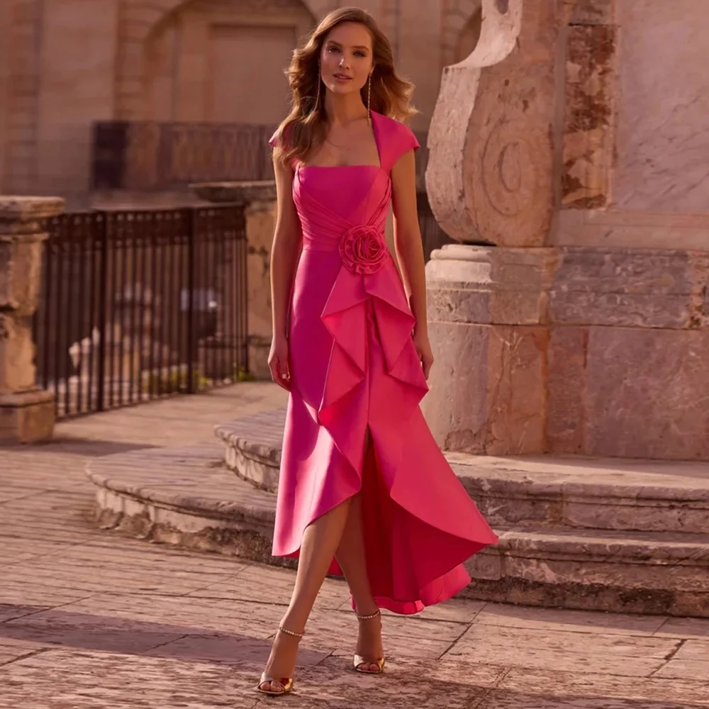 

Elegant Fuchsia Mother Of The Bride Dress 2026 Cap Sleeve Square Neck Ruffles Flower Tea Length Satin Party Dresses Guest Gown
