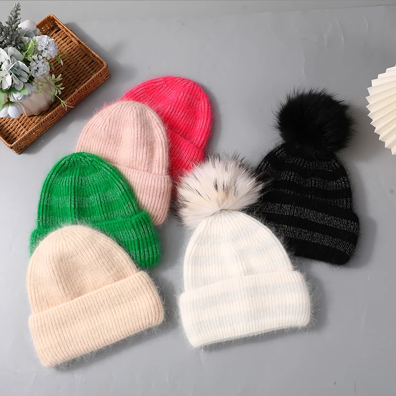 CNTANG Hat For Women Angora Rabbit Fur Beanies With Natural Raccoon Fur Pompom Hats Winter Knitted Warm Silver Wire Female Cap