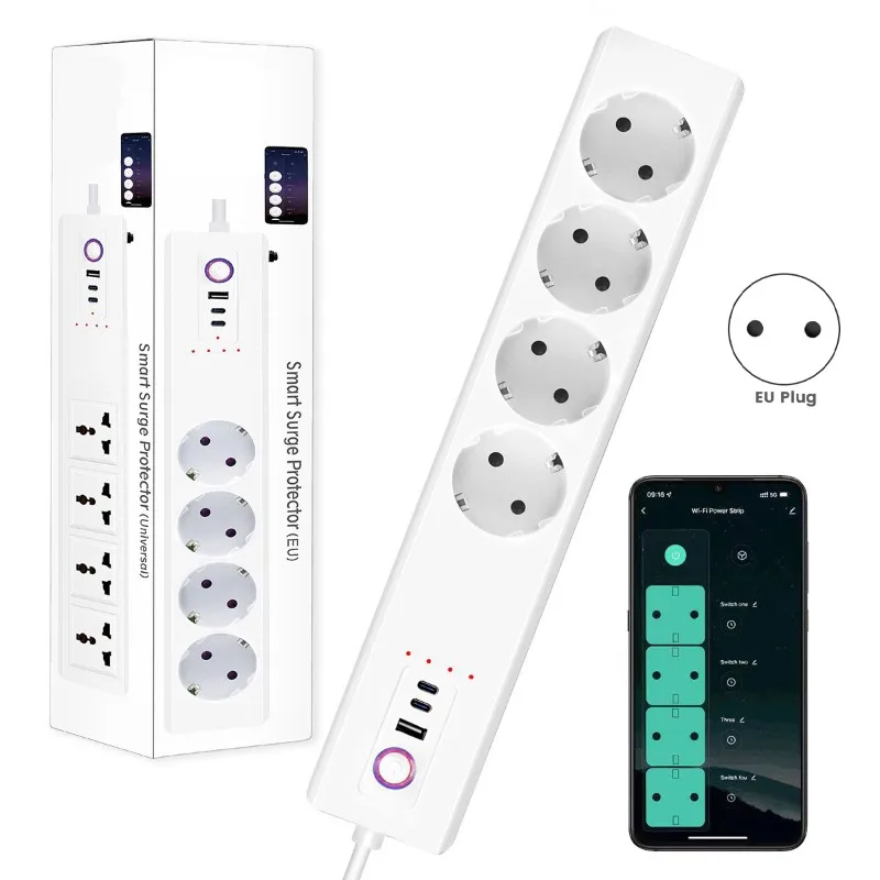ABRW-Voice Controlled 20W European Power Strip Fast Charging Function With Timer, Wifi-Tuya App Support-EU Plug Included