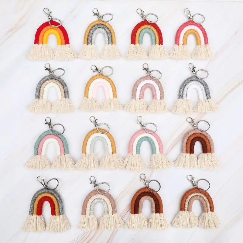 OOTDTY Weaving Rainbow Tassel Keychain Boho Handmade Tassel Keyring For Women  Bag Charm Pendant Jewelry Key Holder