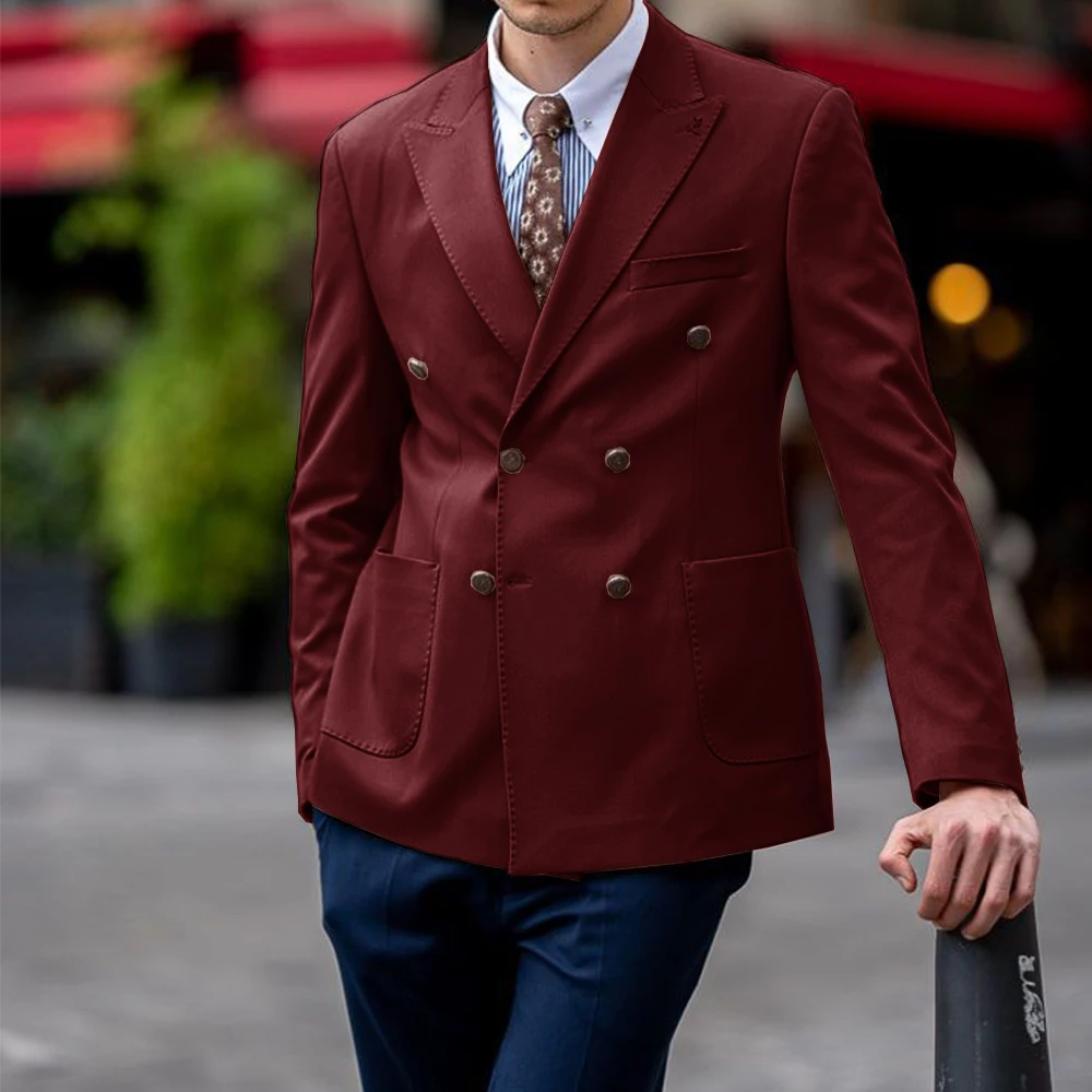 Men Suit Jacket Double Breasted Slim Fit Stylish Casual Blazer Elegant Formal Coat Comfortable Business Attire Trendy Mens Outer