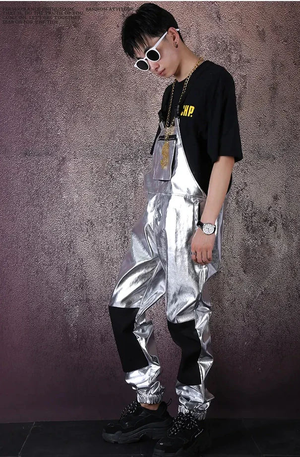 Fashion GOGO Dance DJ Costume Adult Male Hip Hop Dance Costume Silver Overall Men Hip Hop Pant Nightclub American Clothing