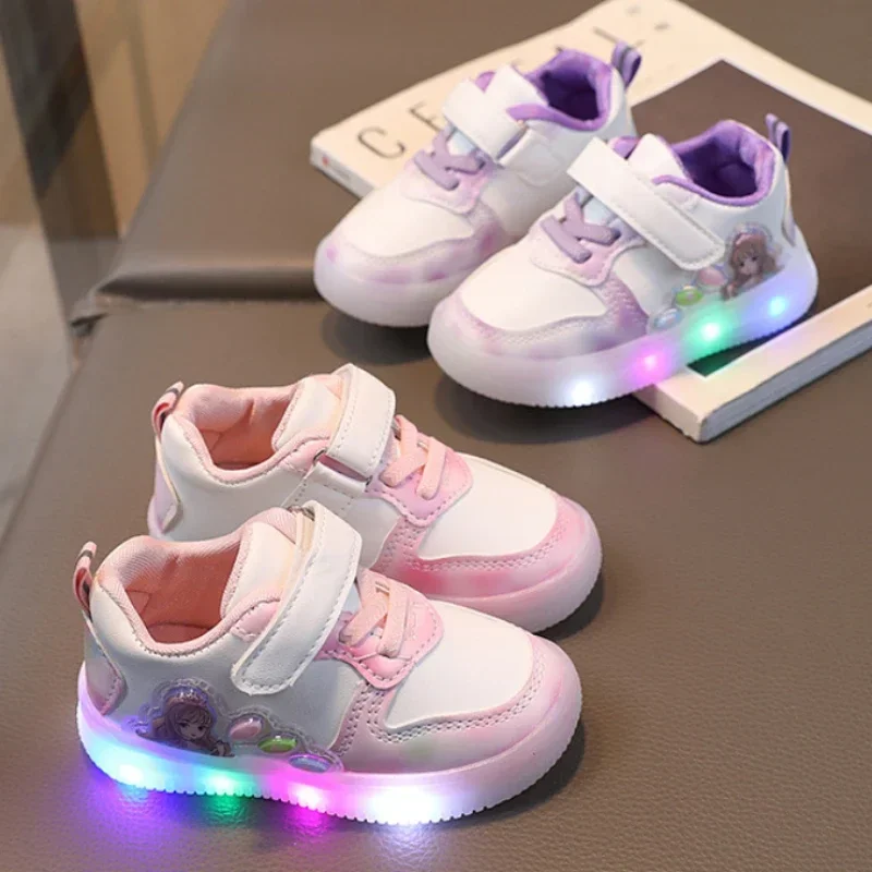 Children\'s Led Sneakers Girls Cute Cartton Princess Shoes Toddler Non-slip Luminous Footwear Kids Lighted Sneakers Casual Shoes