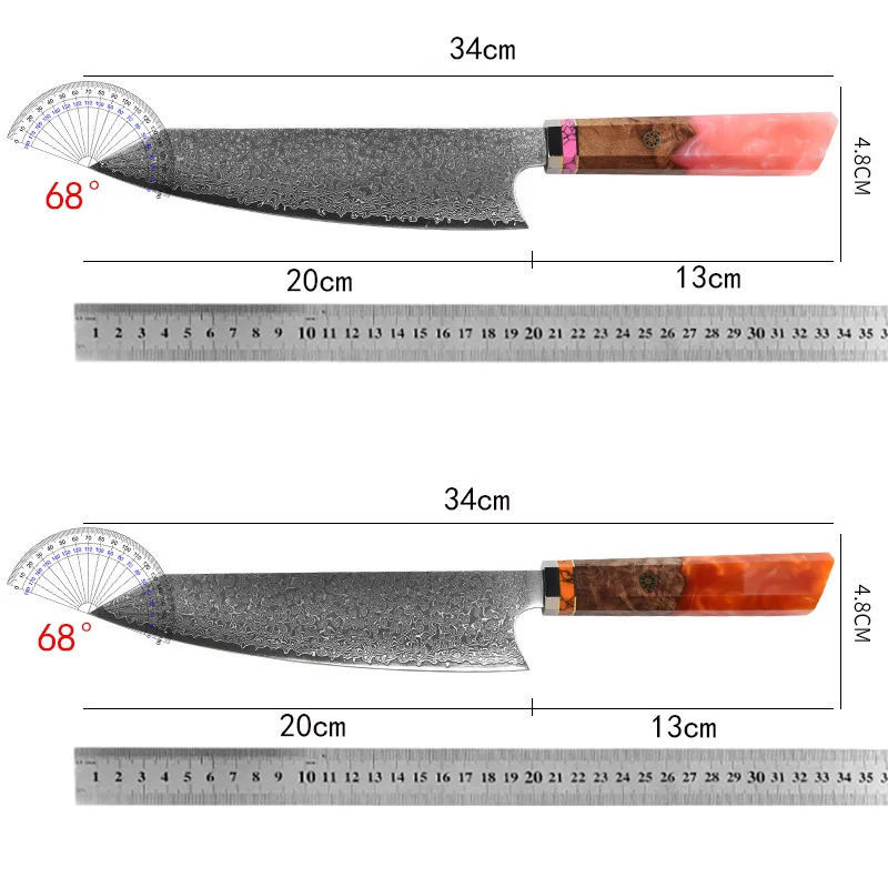 8 Inch Kiritsuke Knife 67-layers Damascus Steel 10Cr15Mov Blade Chef Slicing Cleaver Gyuto Kitchen Knife Resin & Wood Handle