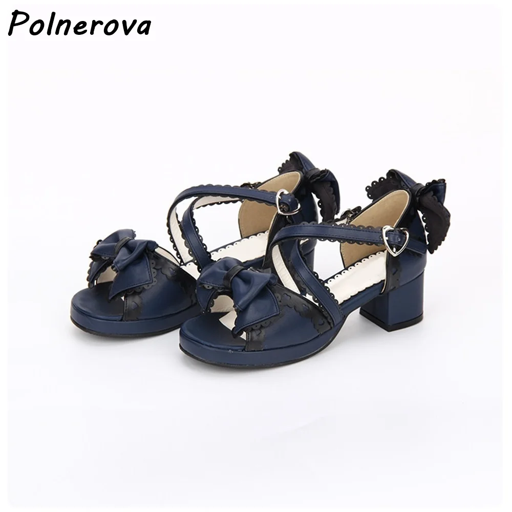 Sweet Lolita Bow Lace Trim Sandals Block Heel Open Toe Ankle Strap Platform Shoes Summer Mixed Color Blue White Cosplay Shoes