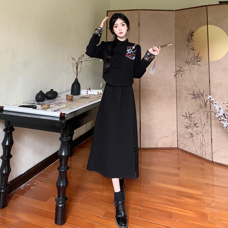 

Chinese Style Two-pieces Set For Women Embroidered Cardigan Tops And Skirt Female Spring Autumn Black Large Size Matching Suits