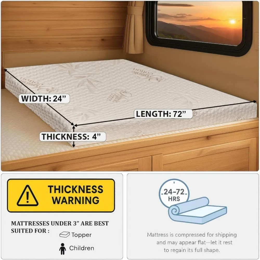 RV用ジェルメモリーフォームマットレス - 4 x 24 x 72、硬めの密度ベース、耐水性オーガニックコットンカバー、米国製