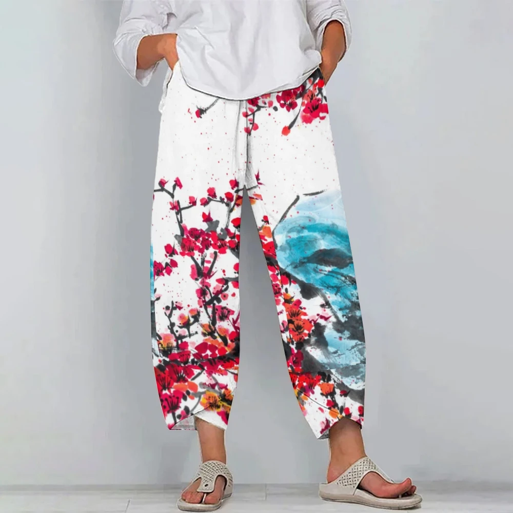 

Chinese Style Plum Blossom Print Trousers New Year Style 1-Piece Oversized Daks Designed Pocket & Ankle Closure Summer Vacation